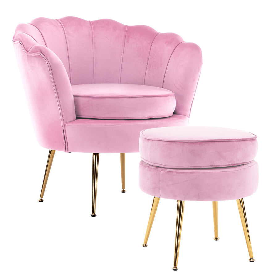 Shell Scallop Pink Armchair Accent Chair Velvet + Round Ottoman Footstool Homecoze