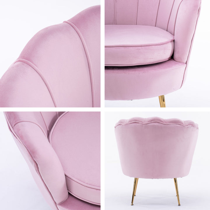 Shell Scallop Pink Armchair Accent Chair Velvet + Round Ottoman Footstool Homecoze