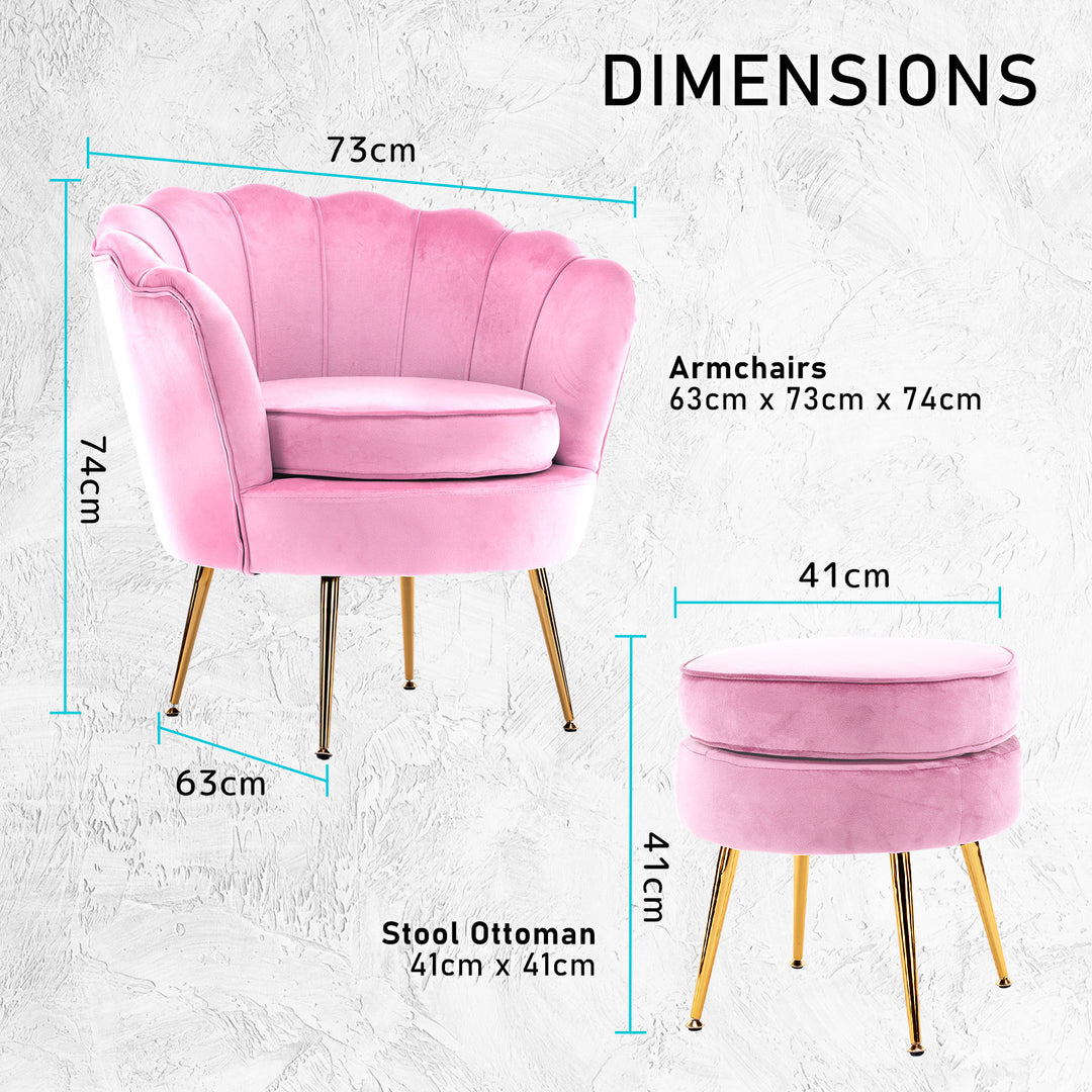 Shell Scallop Pink Armchair Accent Chair Velvet + Round Ottoman Footstool Homecoze