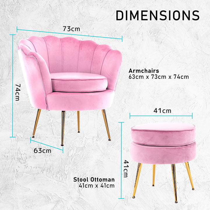 Shell Scallop Pink Armchair Accent Chair Velvet + Round Ottoman Footstool Homecoze