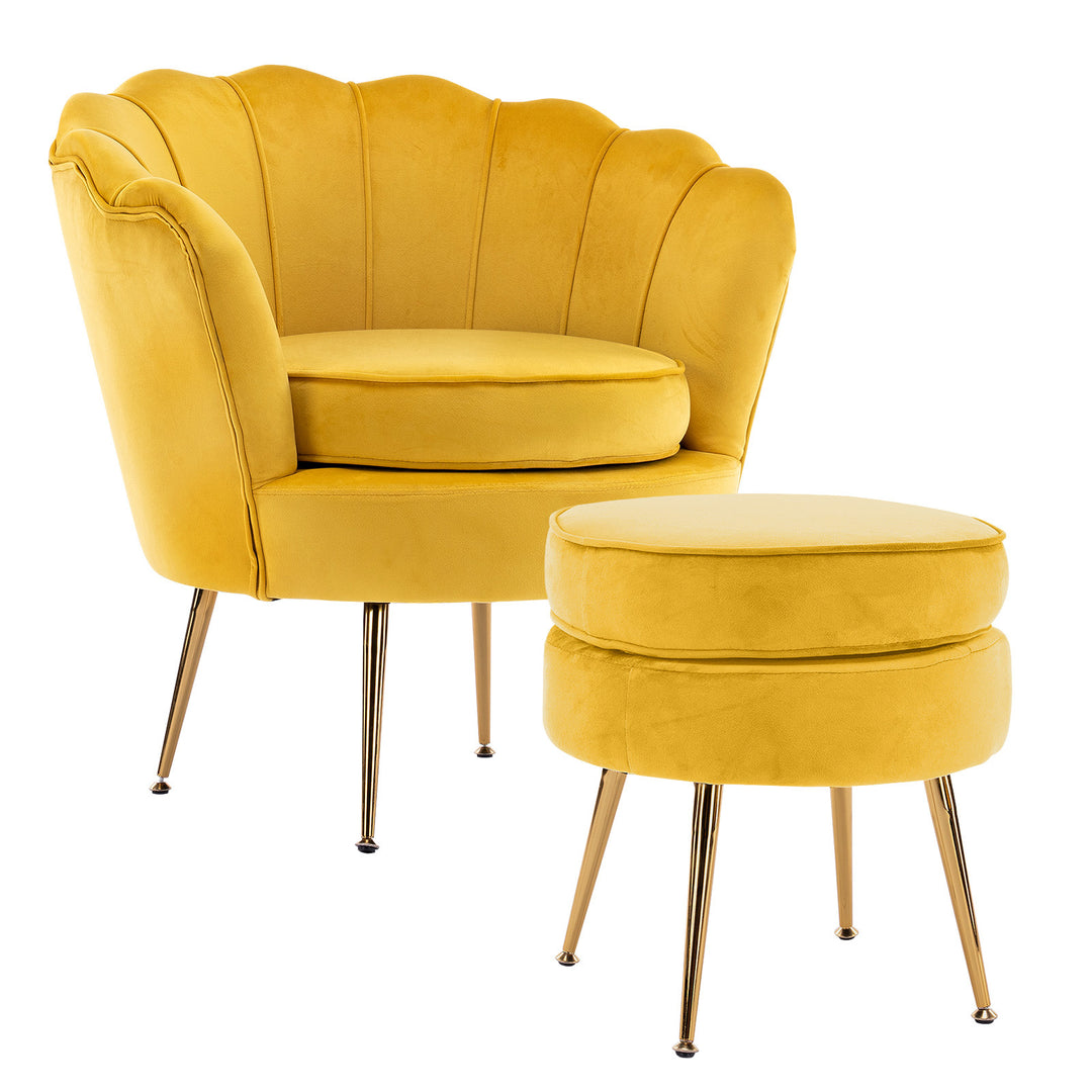 Shell Scallop Yellow Armchair Accent Chair Velvet + Round Ottoman Footstool Homecoze