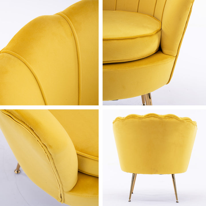 Shell Scallop Yellow Armchair Accent Chair Velvet + Round Ottoman Footstool Homecoze