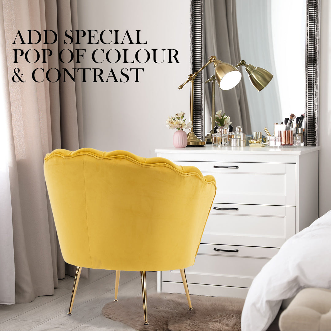 Shell Scallop Yellow Armchair Accent Chair Velvet + Round Ottoman Footstool Homecoze