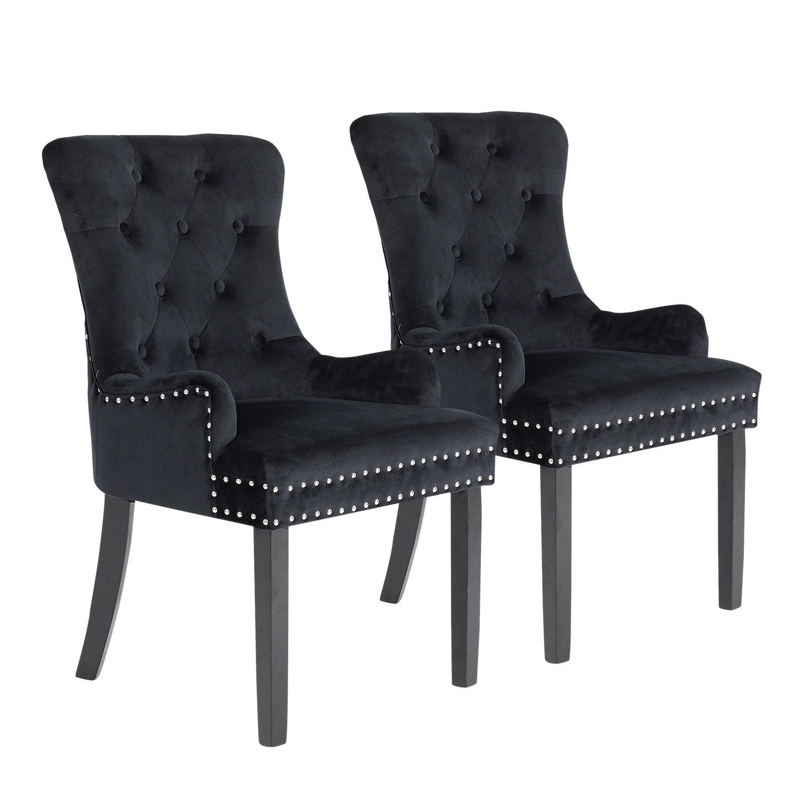 Set of 2 French Provincial Inspired Studded Velvet Dining Chairs - Black Homecoze