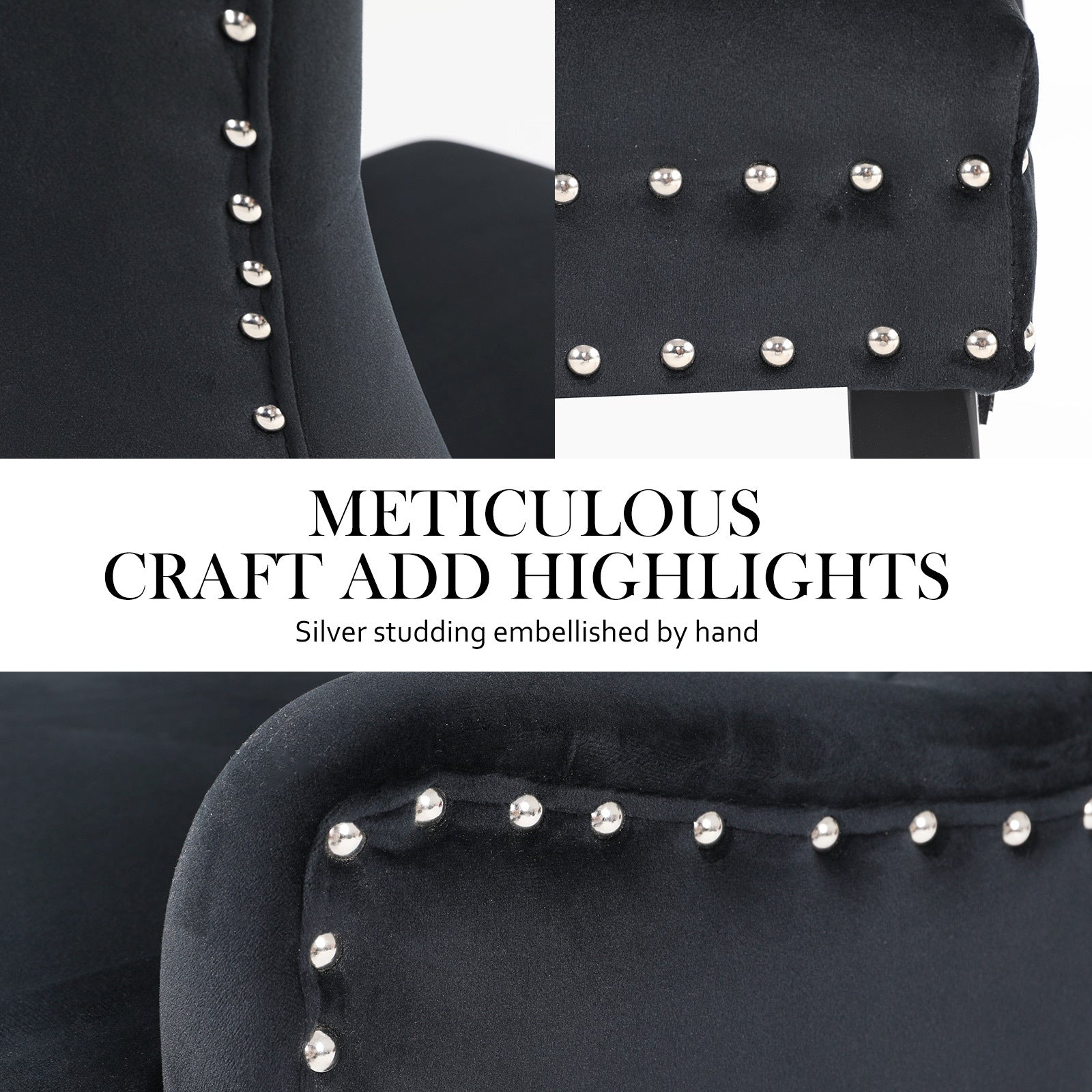 Set of 2 French Provincial Inspired Studded Velvet Dining Chairs - Black Homecoze