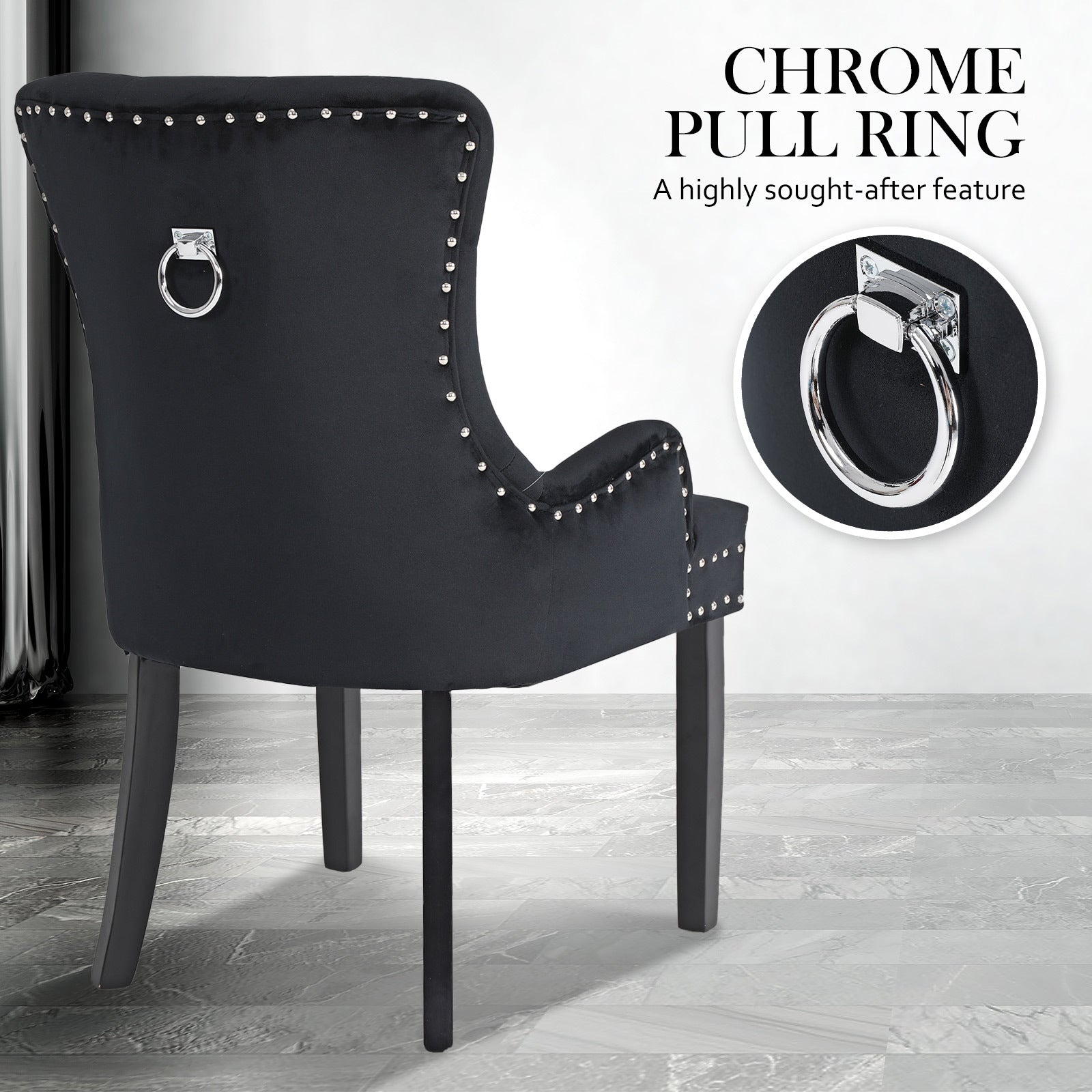 Set of 2 French Provincial Inspired Studded Velvet Dining Chairs - Black Homecoze
