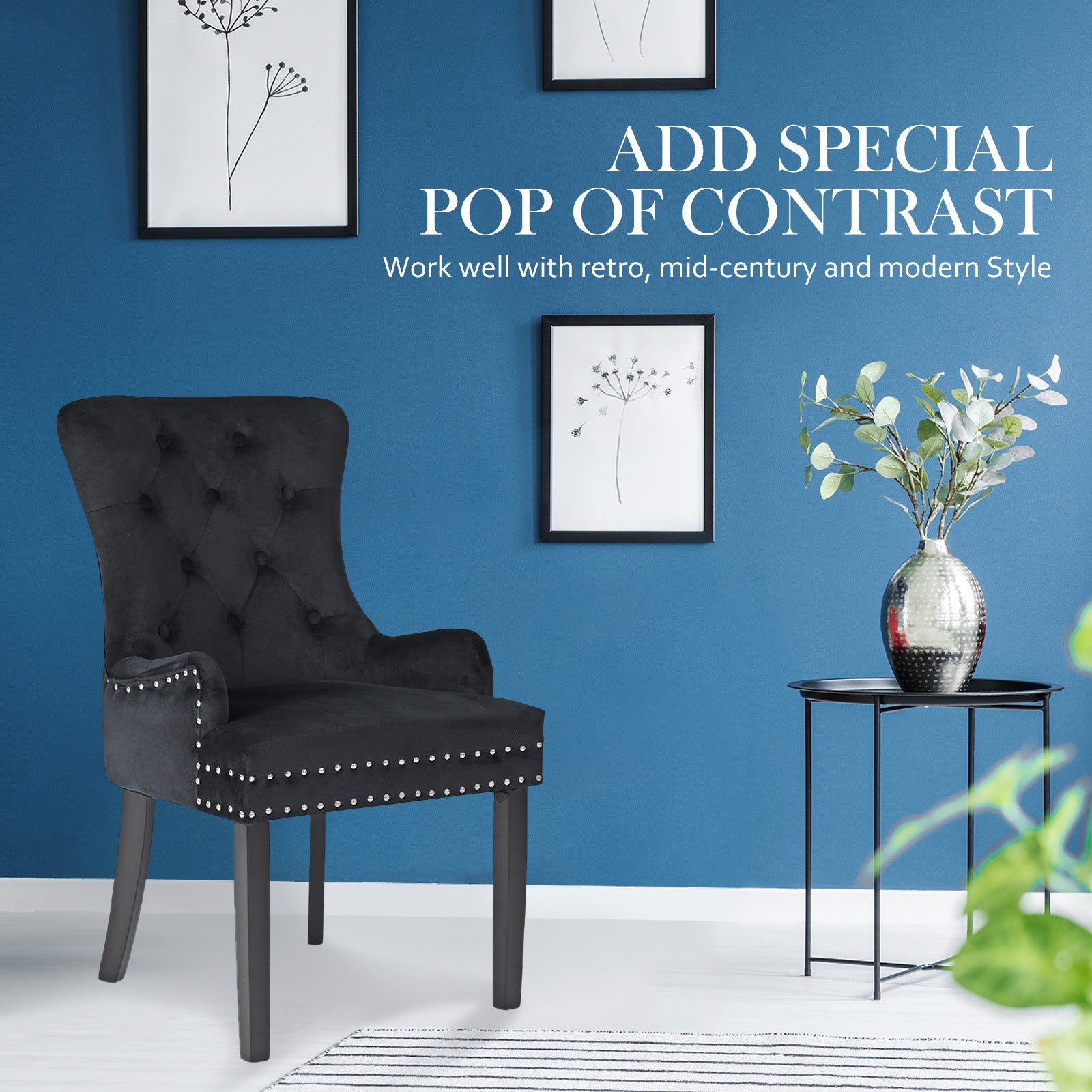 Set of 4 French Provincial Inspired Studded Velvet Dining Chairs - Black Homecoze