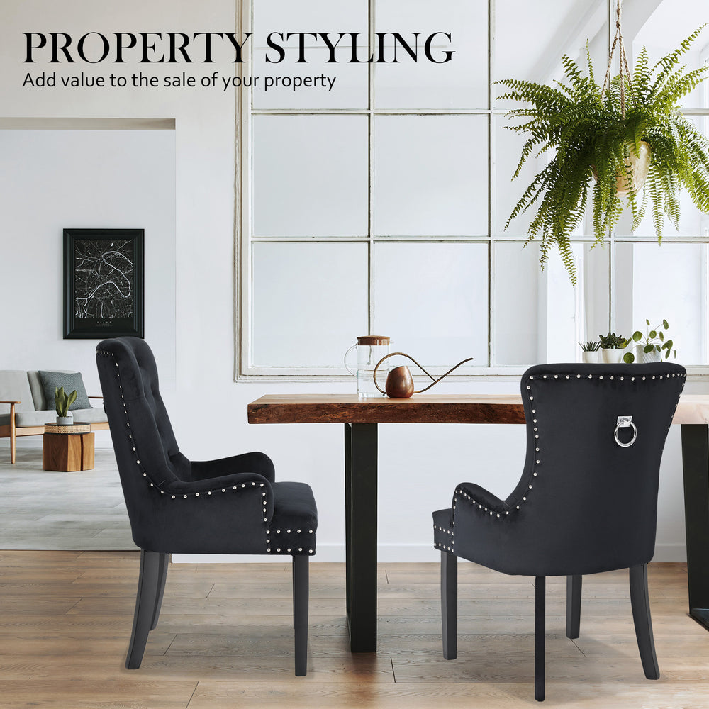 Set of 4 French Provincial Inspired Studded Velvet Dining Chairs - Black Homecoze