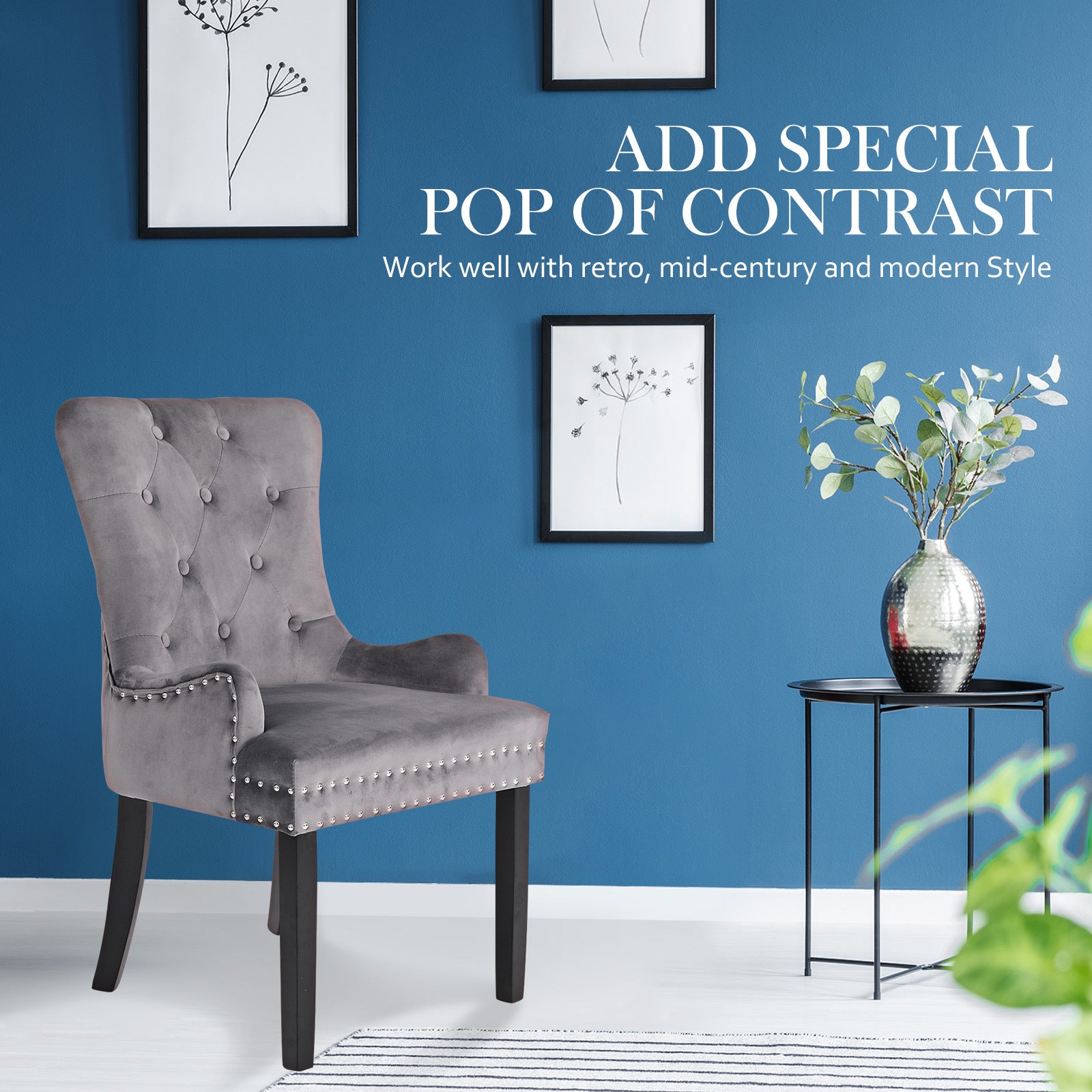 Set of 2 French Provincial Inspired Studded Velvet Dining Chairs - Grey Homecoze