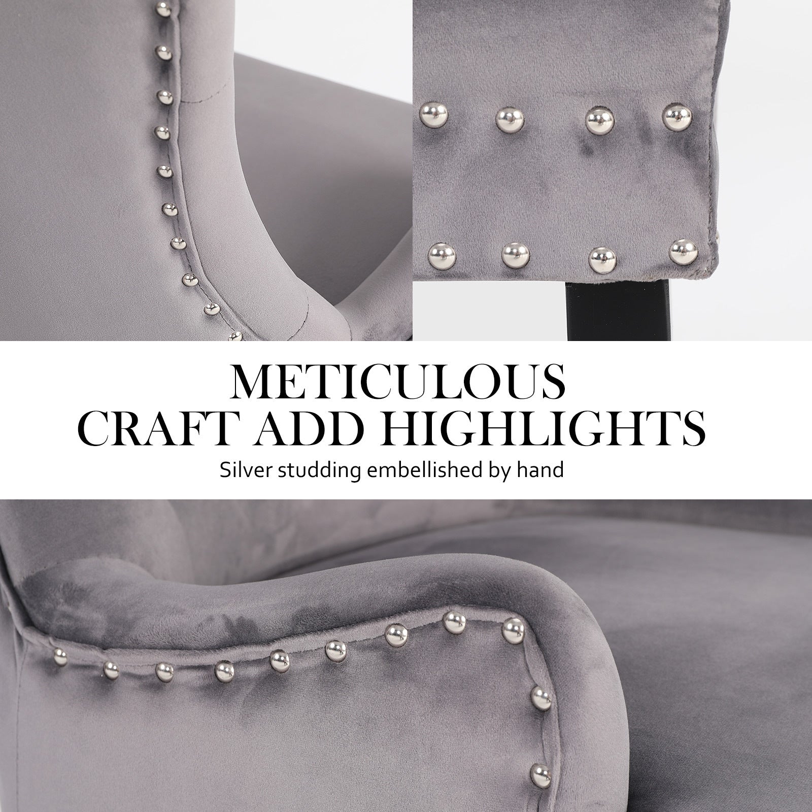 Set of 2 French Provincial Inspired Studded Velvet Dining Chairs - Grey Homecoze