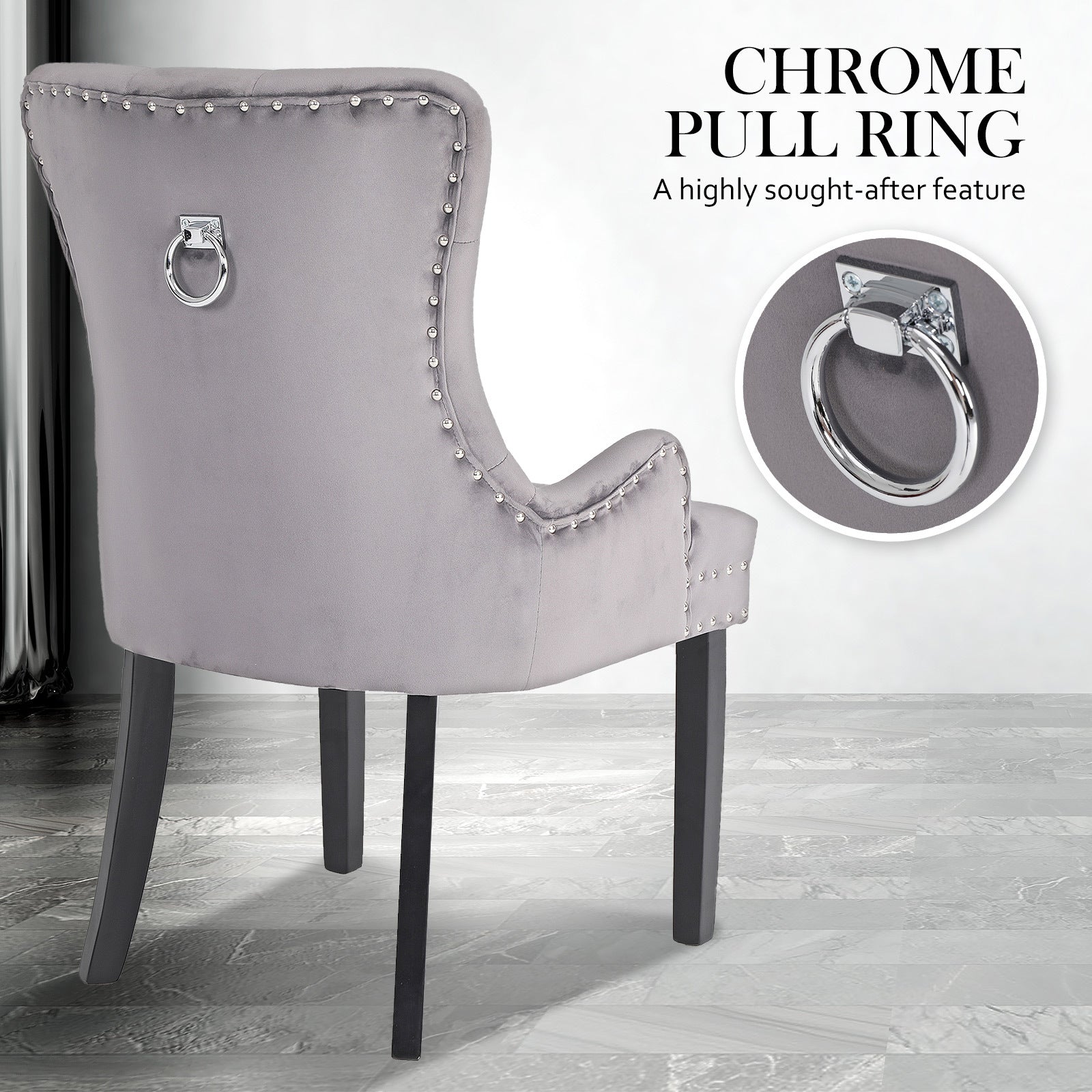Set of 2 French Provincial Inspired Studded Velvet Dining Chairs - Grey Homecoze