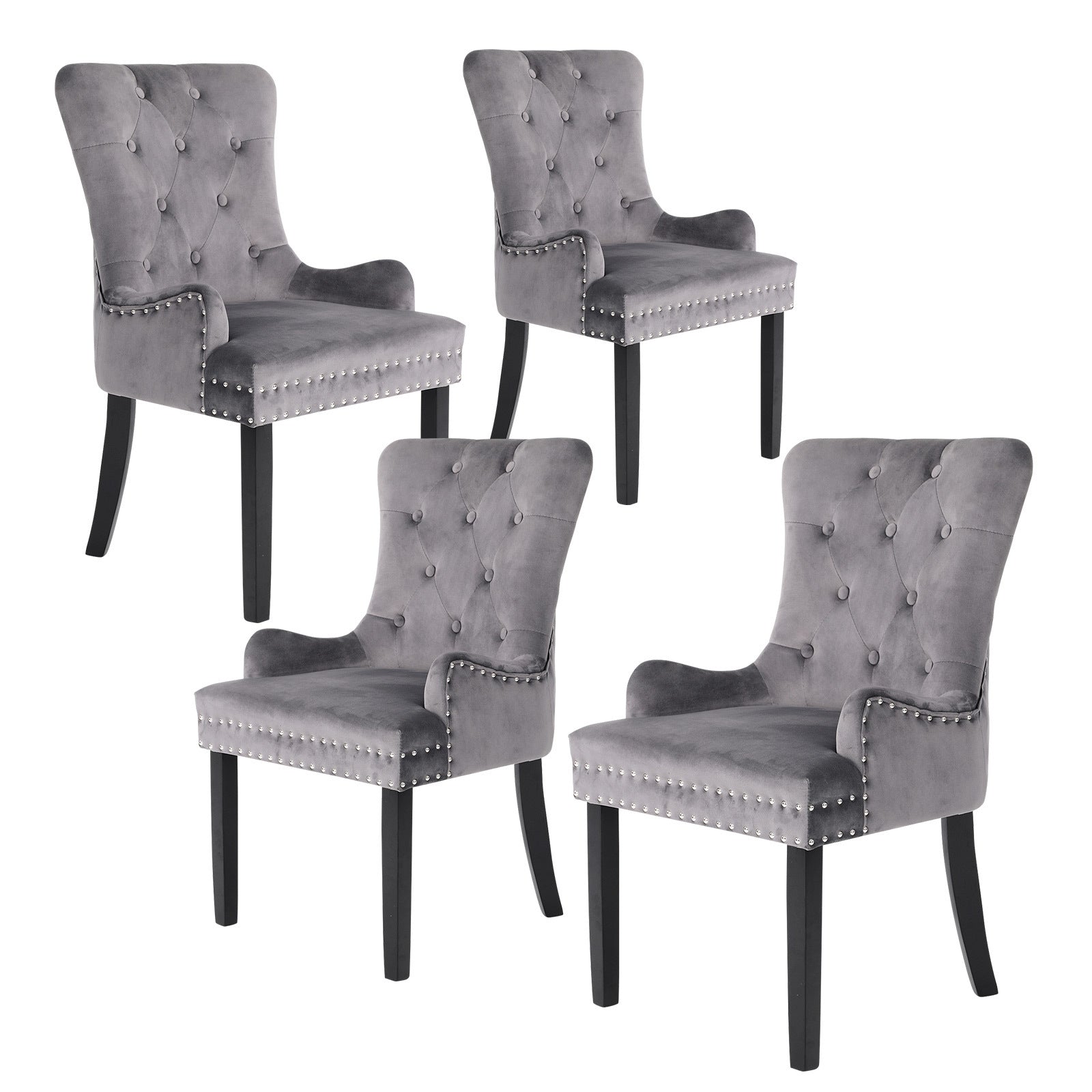 Set of 4 French Provincial Inspired Studded Velvet Dining Chairs - Grey Homecoze