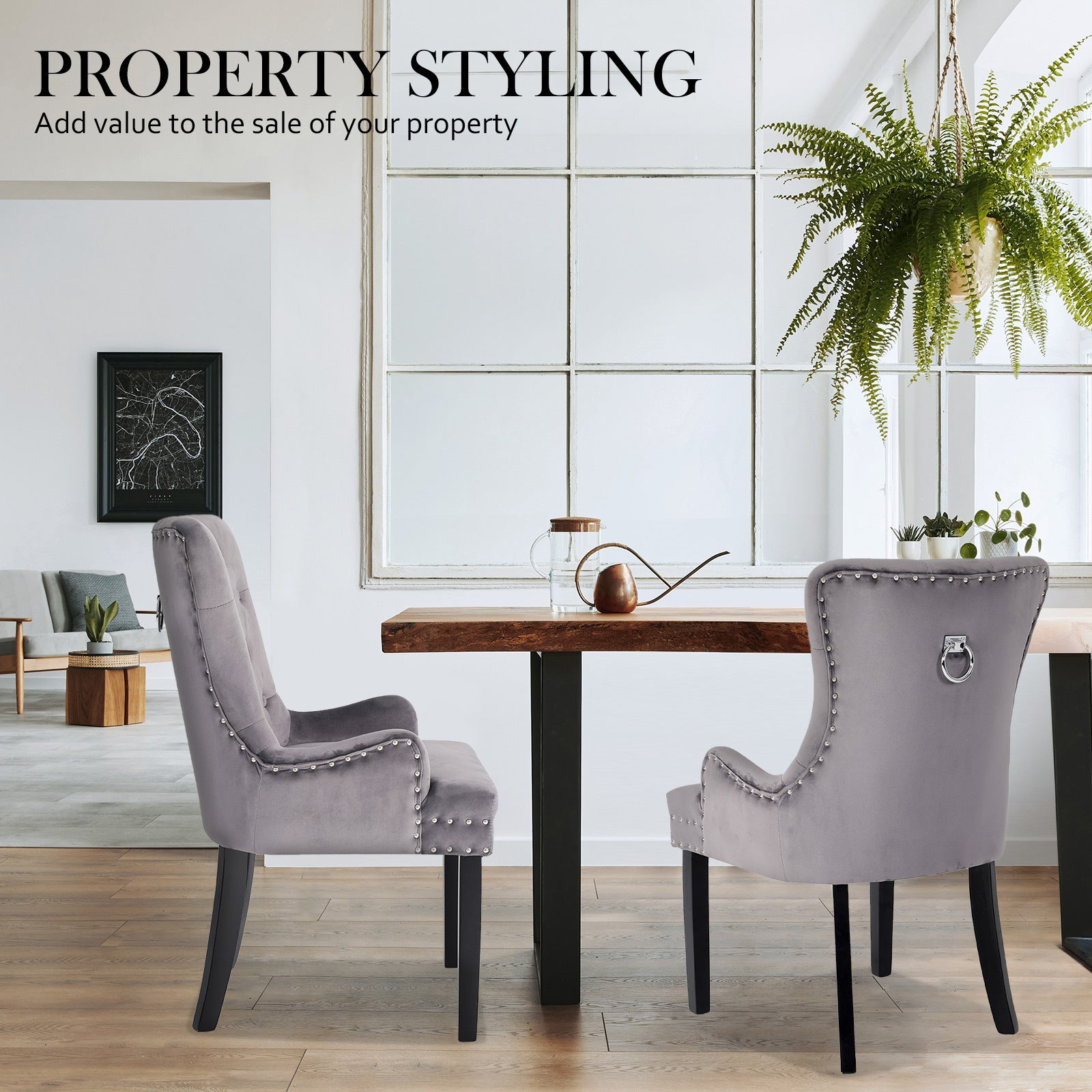 Set of 4 French Provincial Inspired Studded Velvet Dining Chairs - Grey Homecoze