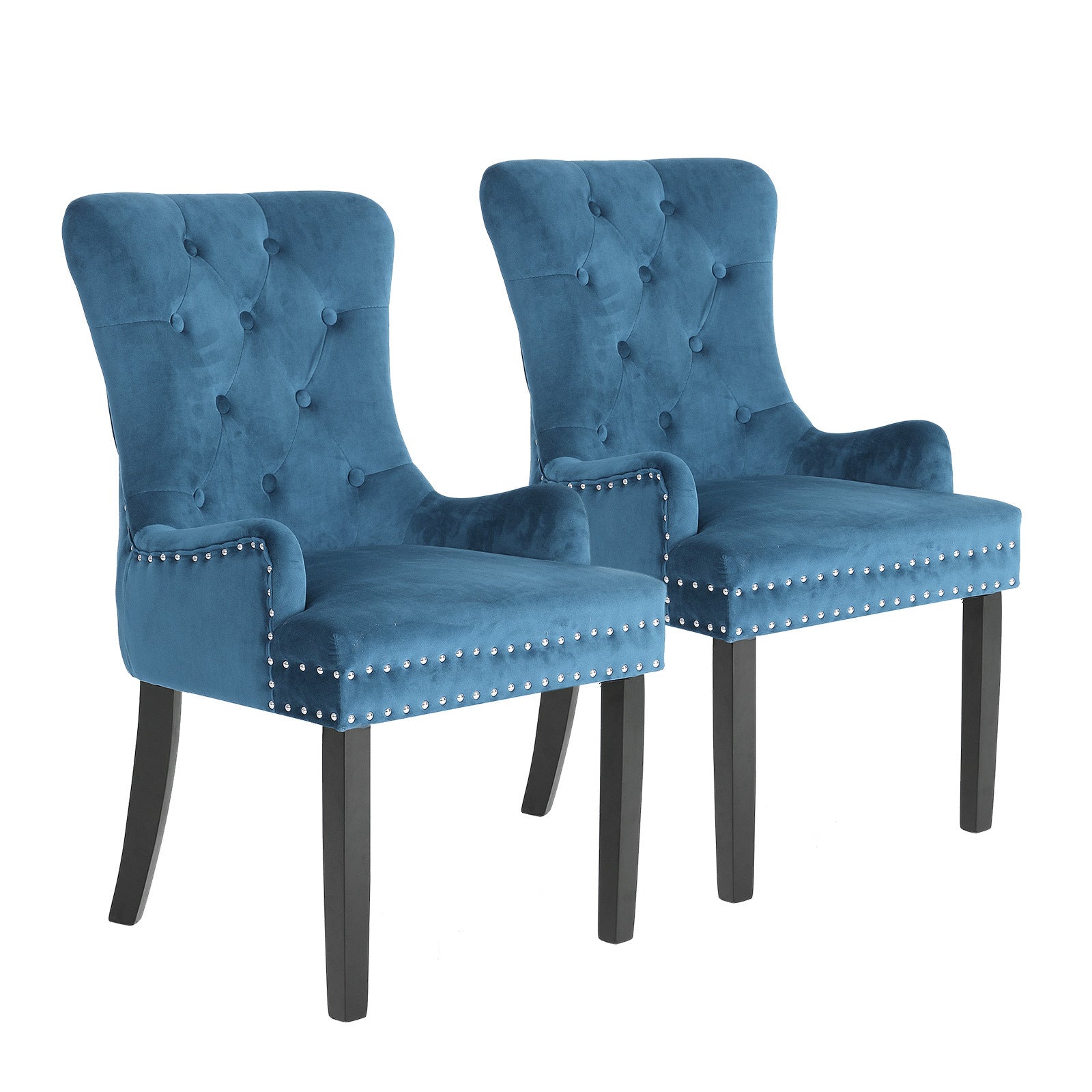 Set of 2 French Provincial Inspired Studded Velvet Dining Chairs - Navy Blue Homecoze