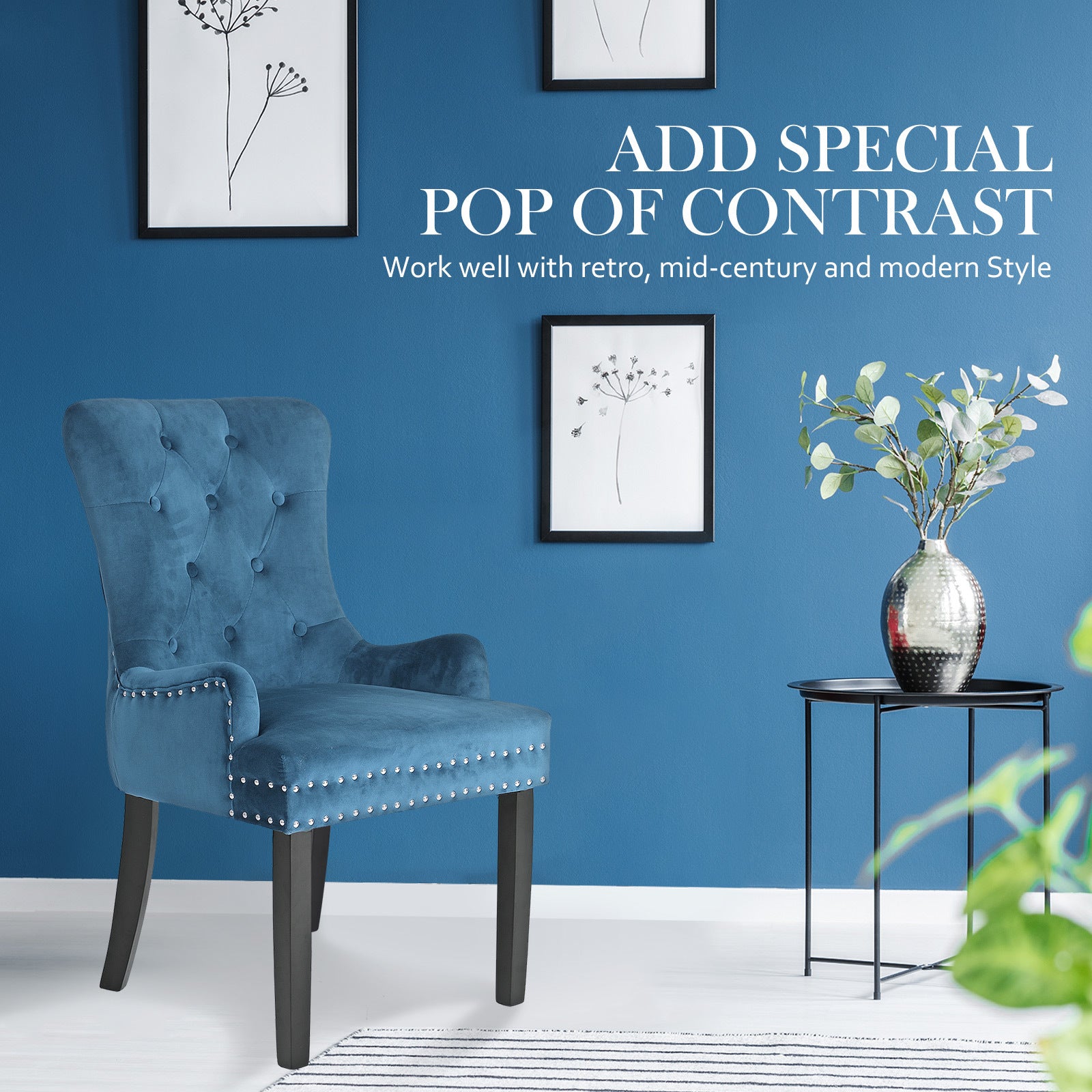 Set of 4 French Provincial Inspired Studded Velvet Dining Chairs - Navy Blue Homecoze