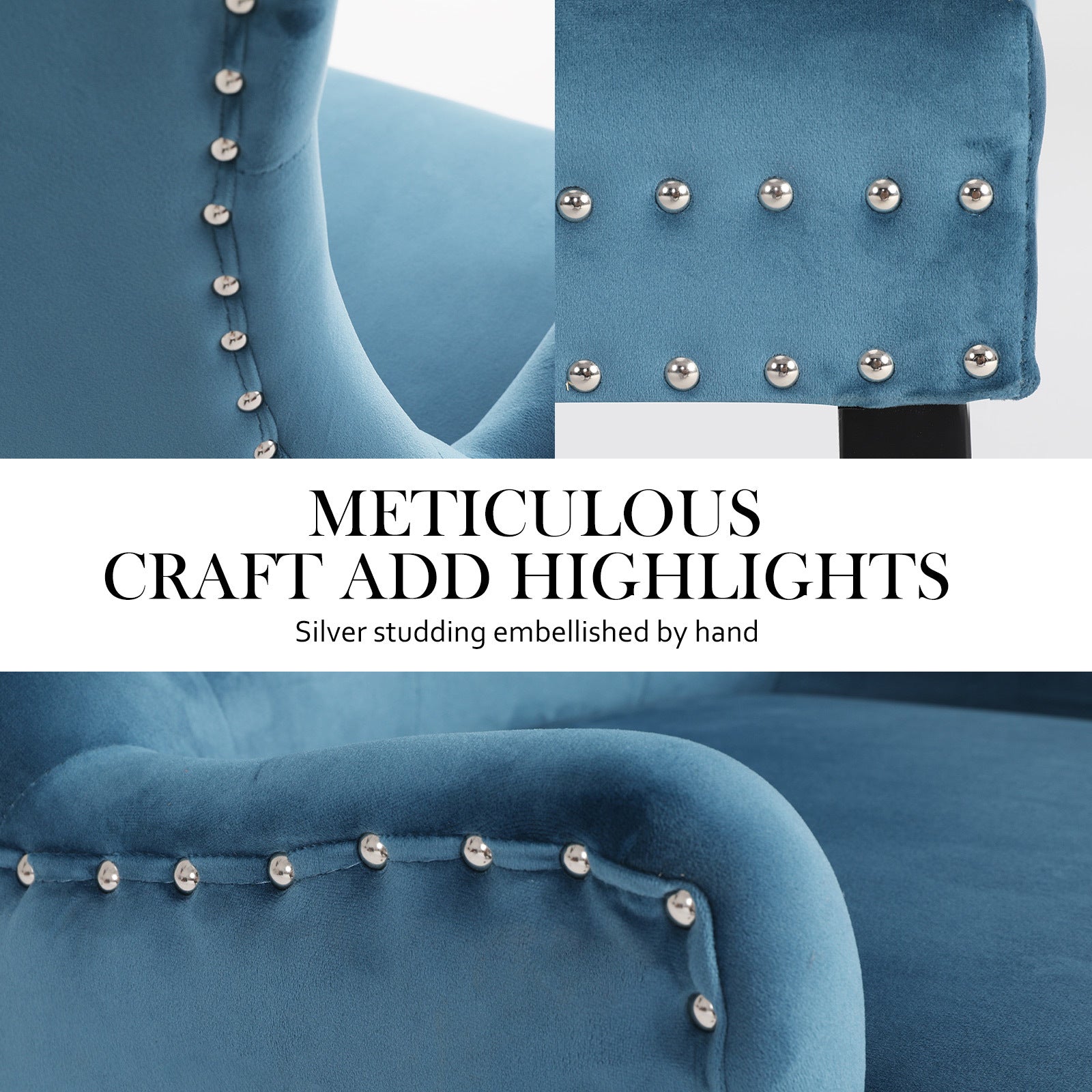 Set of 4 French Provincial Inspired Studded Velvet Dining Chairs - Navy Blue Homecoze