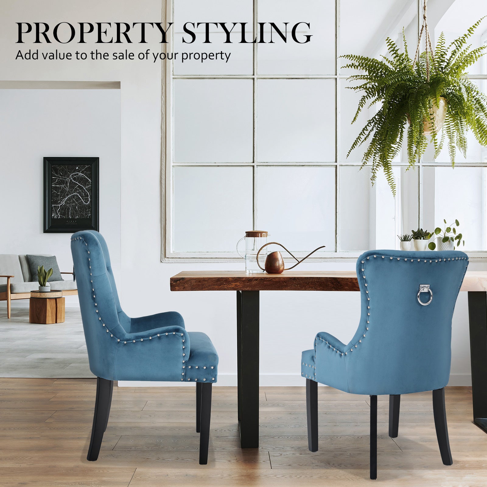 Set of 4 French Provincial Inspired Studded Velvet Dining Chairs - Navy Blue Homecoze