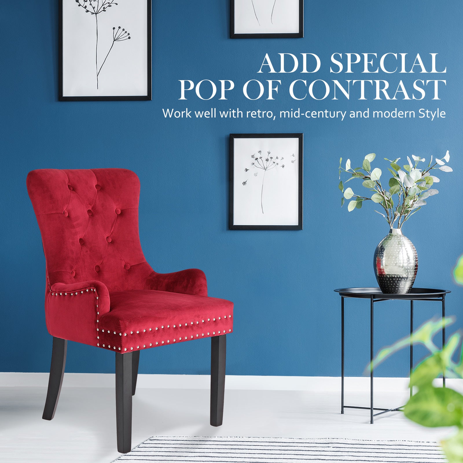 French Provincial Inspired Studded Velvet Dining Chair - Red Homecoze