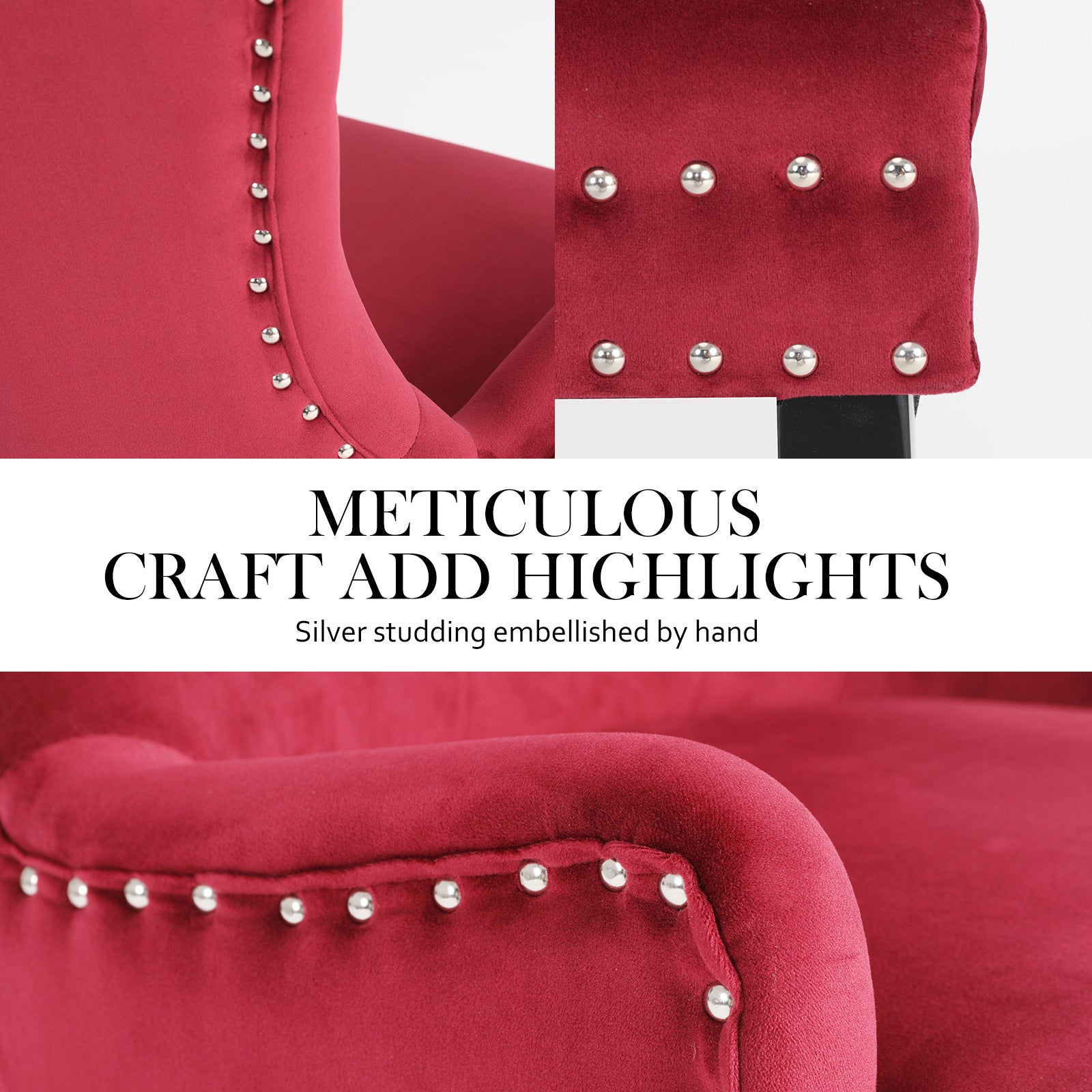 French Provincial Inspired Studded Velvet Dining Chair - Red Homecoze