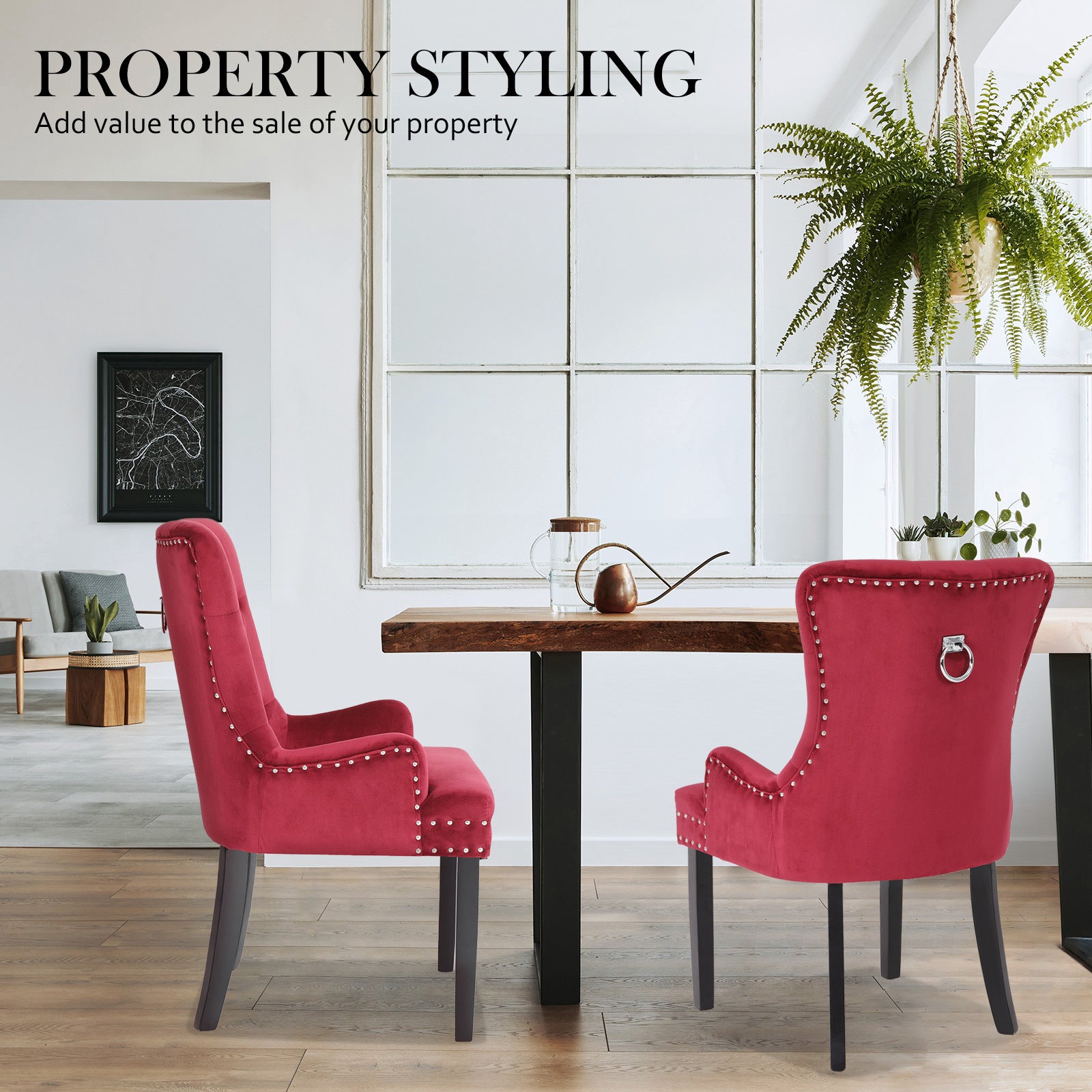 French Provincial Inspired Studded Velvet Dining Chair - Red Homecoze