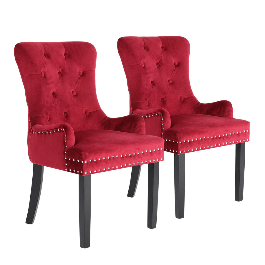 Set of 2 French Provincial Inspired Studded Velvet Dining Chairs - Red Homecoze