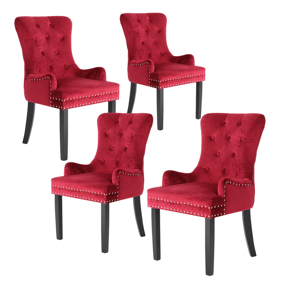 Set of 4 French Provincial Inspired Studded Velvet Dining Chairs - Red Homecoze