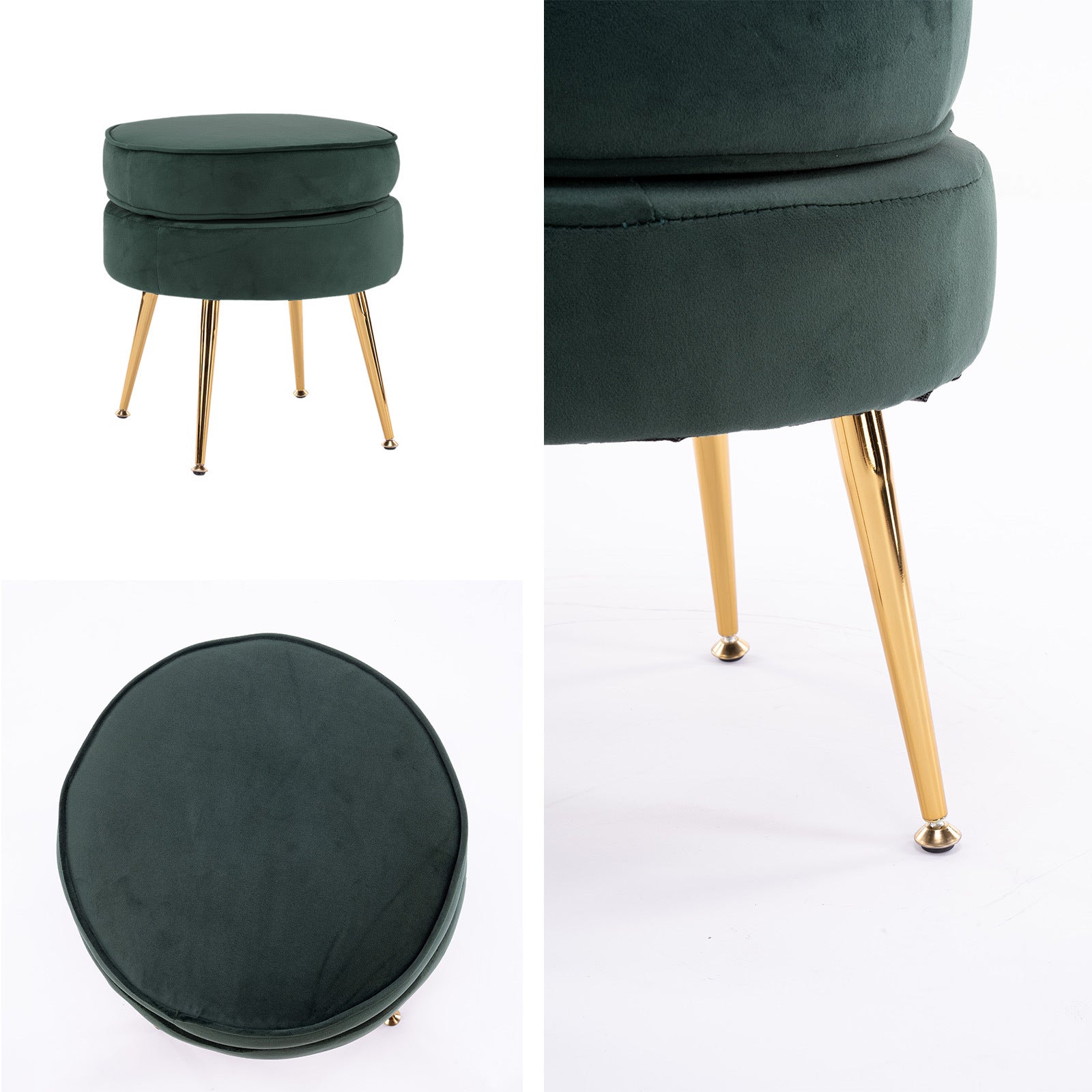 Green Round Ottoman Foot Stool Velvet Fabric Metal Leg Homecoze