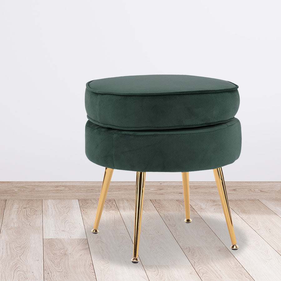 Green Round Ottoman Foot Stool Velvet Fabric Metal Leg Homecoze