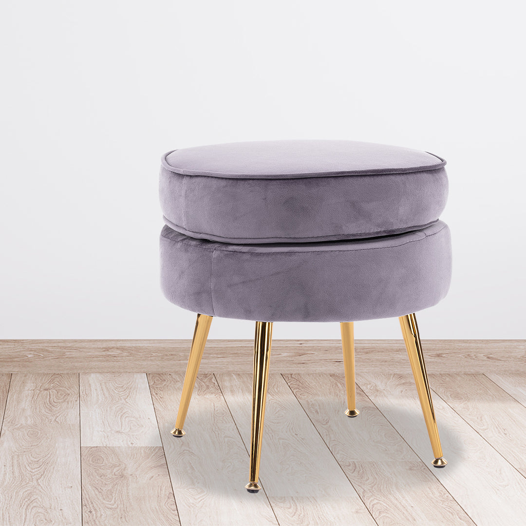 Grey Round Ottoman Foot Stool Velvet Fabric Metal Leg Homecoze