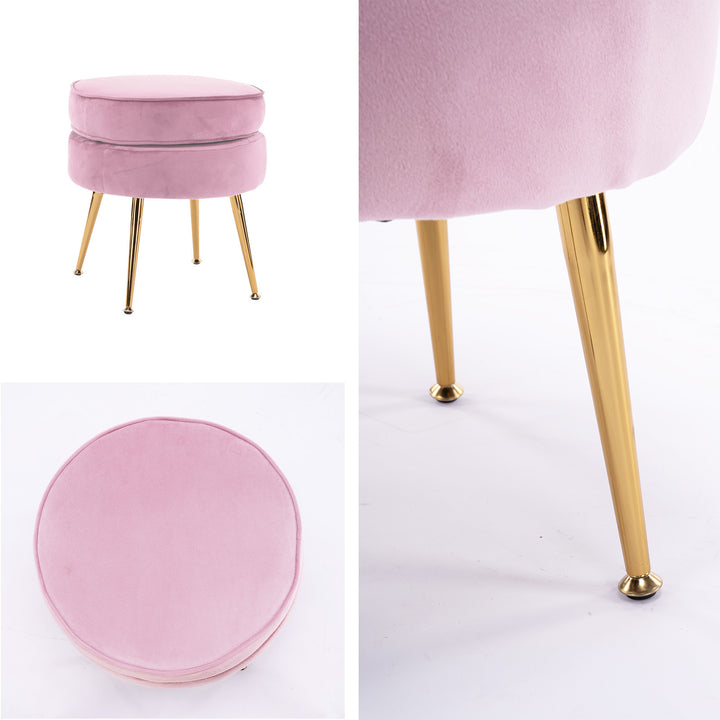 Pink Round Ottoman Foot Stool Velvet Fabric Metal Leg Homecoze