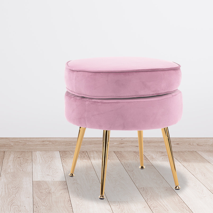 Pink Round Ottoman Foot Stool Velvet Fabric Metal Leg Homecoze