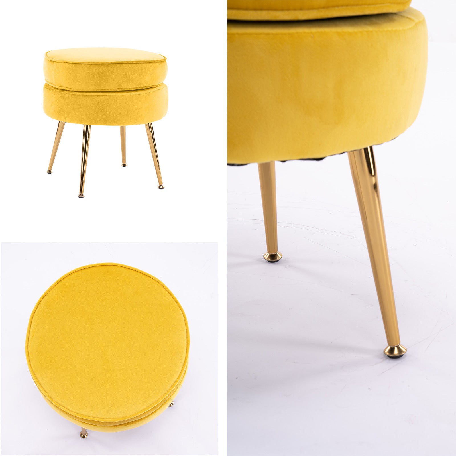 Yellow Round Ottoman Foot Stool Velvet Fabric Metal Leg Homecoze