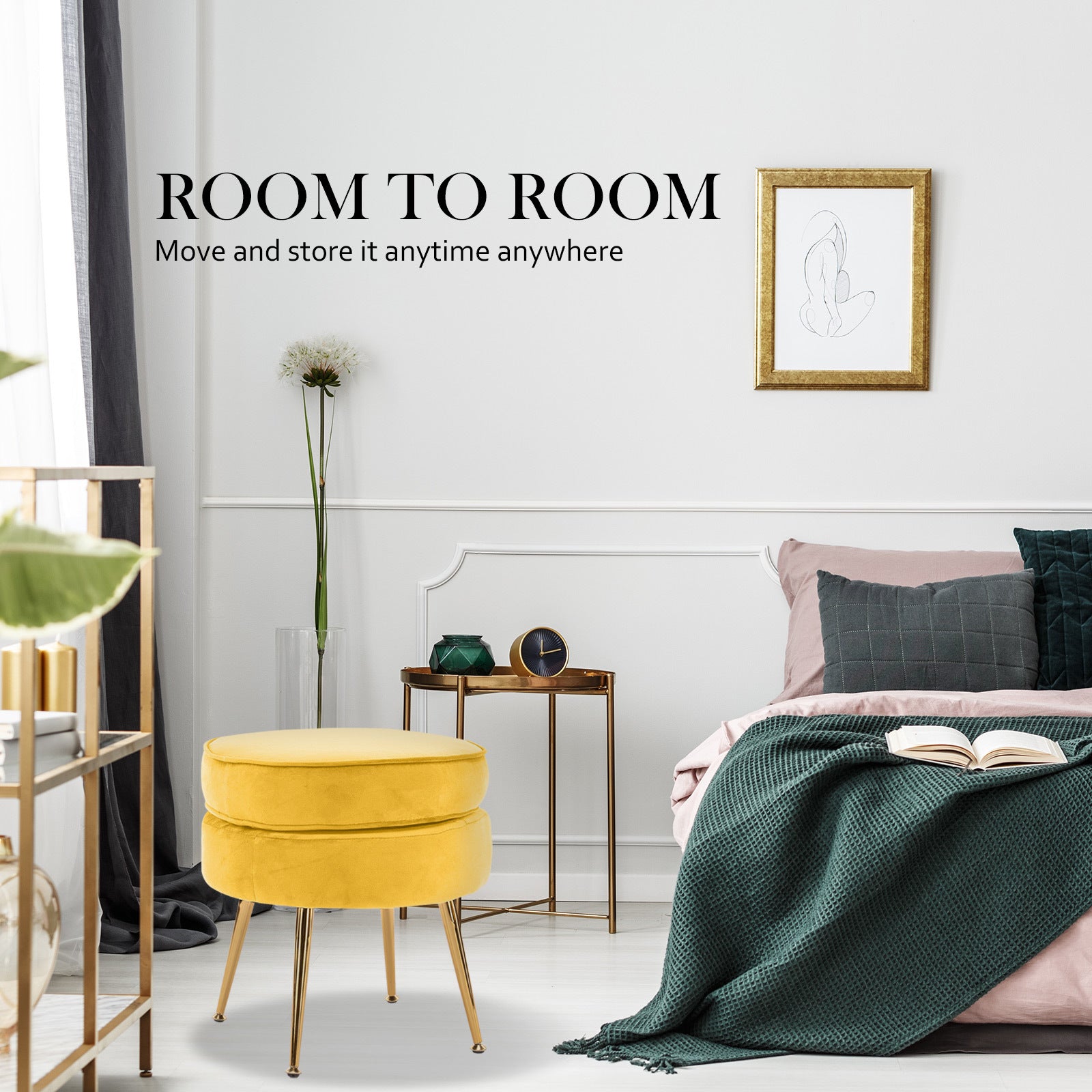Yellow Round Ottoman Foot Stool Velvet Fabric Metal Leg Homecoze