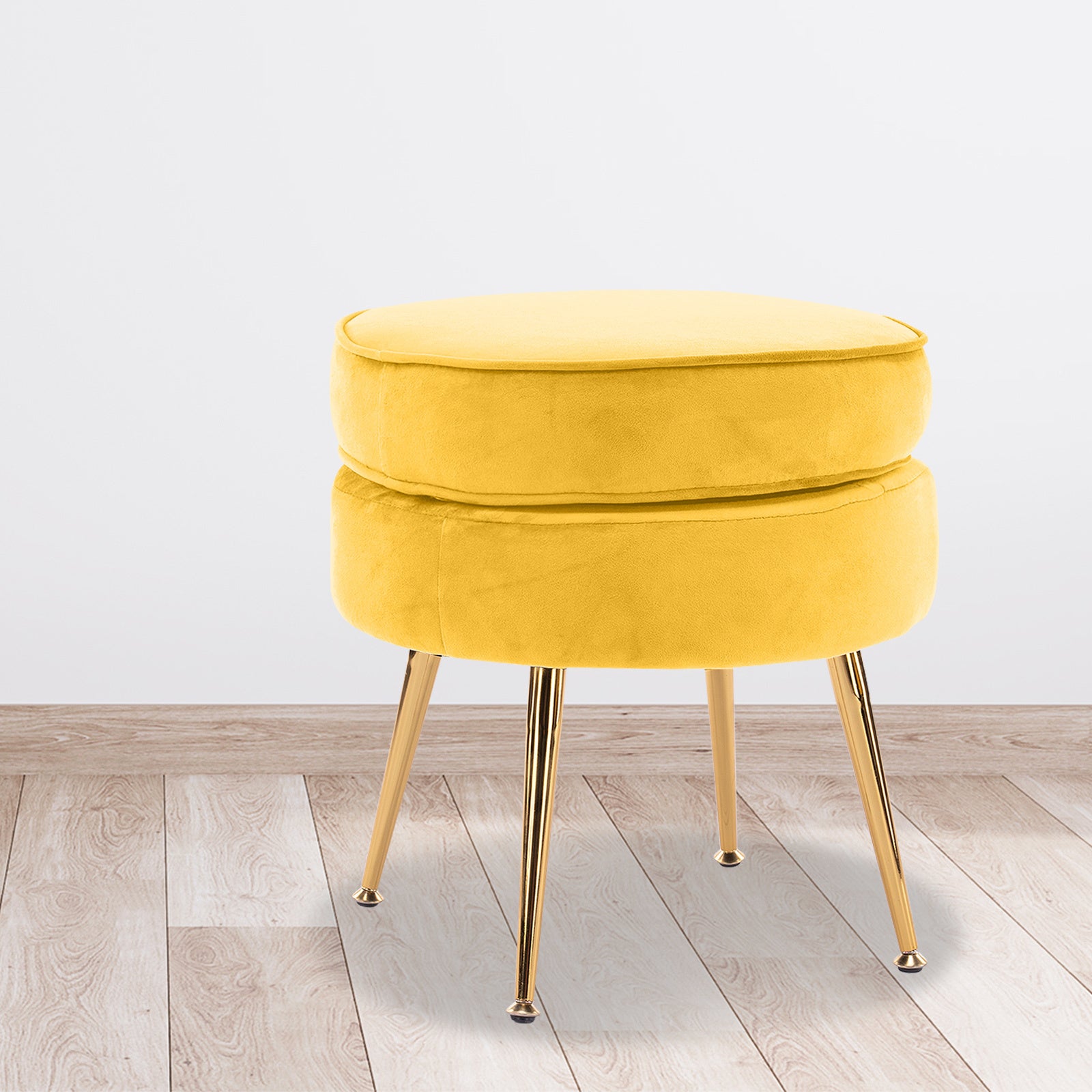 Yellow Round Ottoman Foot Stool Velvet Fabric Metal Leg Homecoze