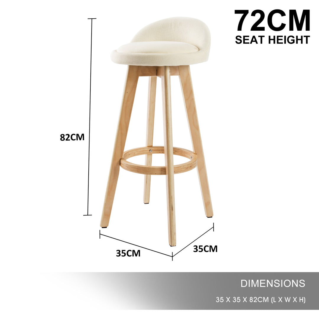 Set of 2 Wooden Bar Stools 72cm Fabric Dining Chairs Kitchen - Beige Homecoze