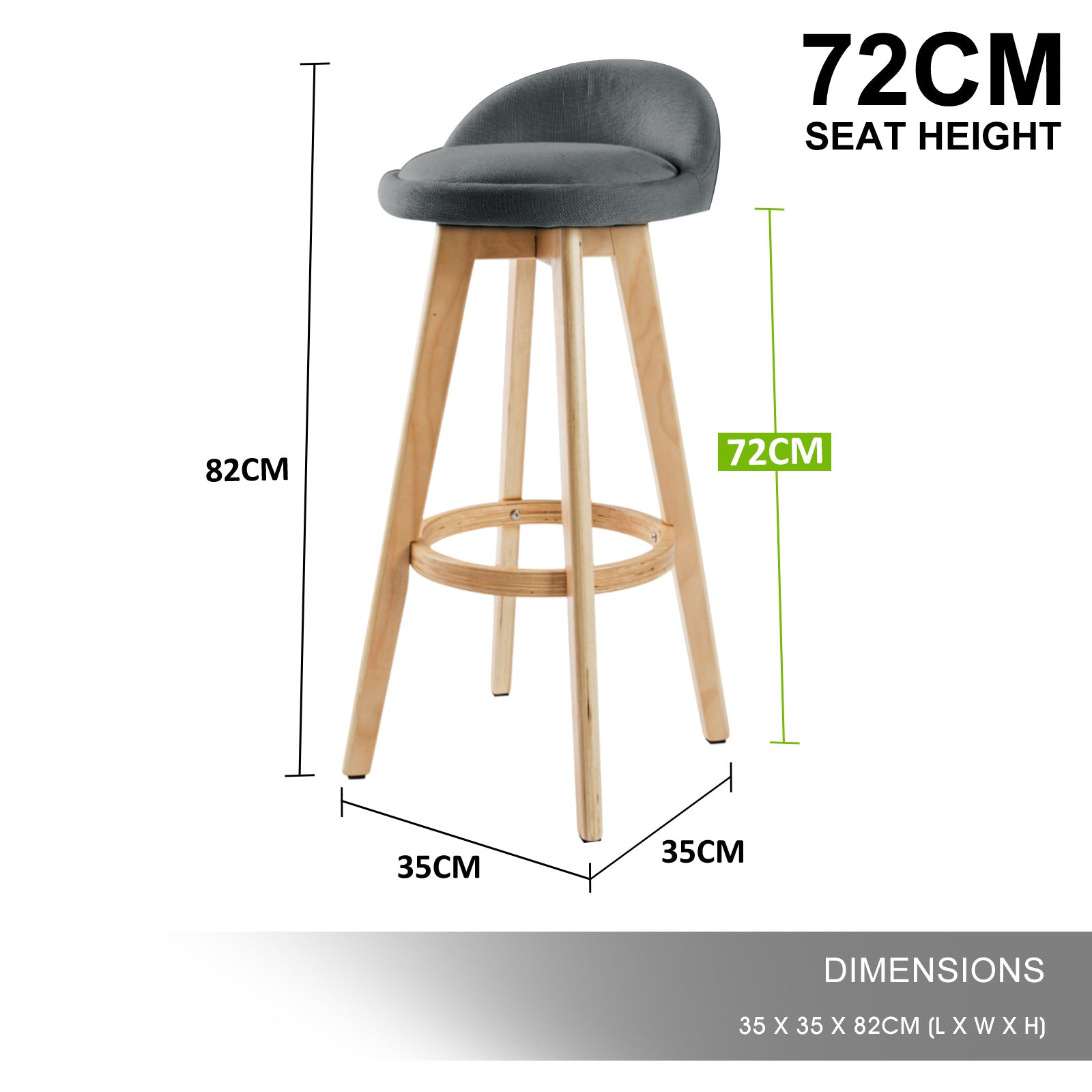 Set of 2 Wooden Bar Stools 72cm Fabric Dining Chairs Kitchen - Grey Homecoze