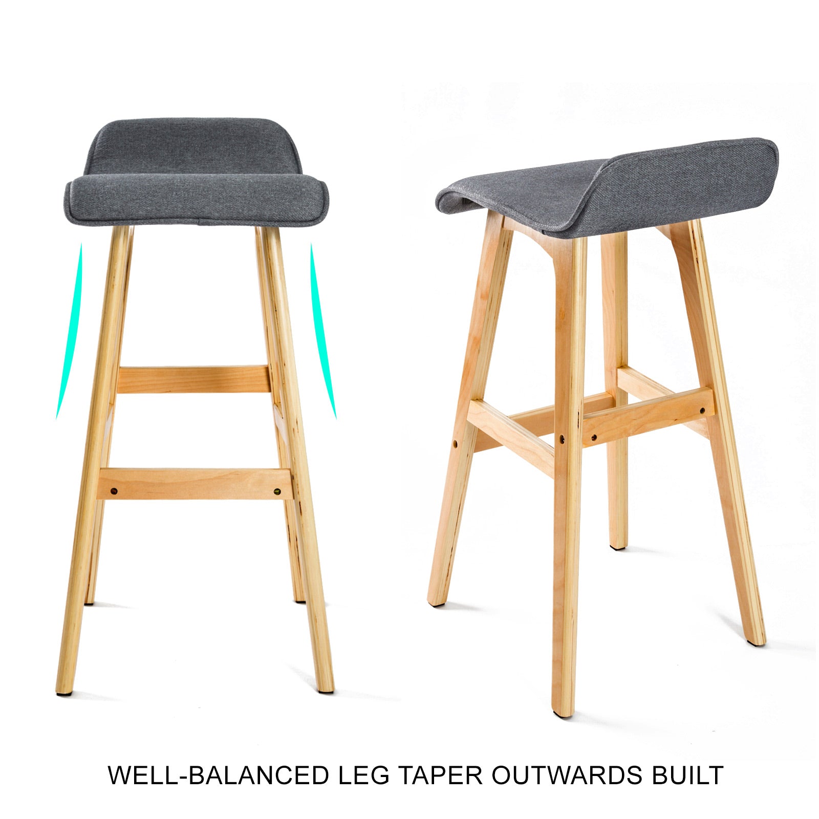 Set of 2 Wooden Bar Stools 74cm Fabric Dining Chairs Kitchen - Grey Homecoze