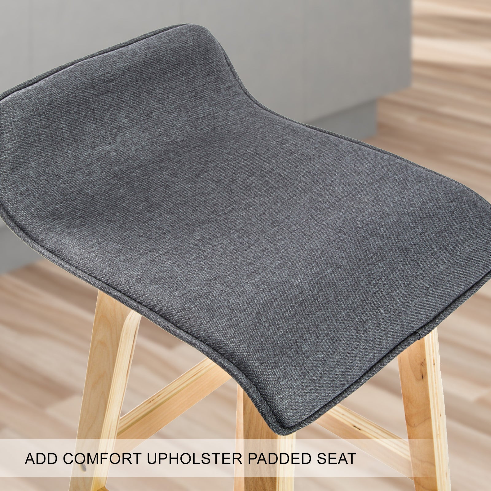 Set of 2 Wooden Bar Stools 74cm Fabric Dining Chairs Kitchen - Grey Homecoze