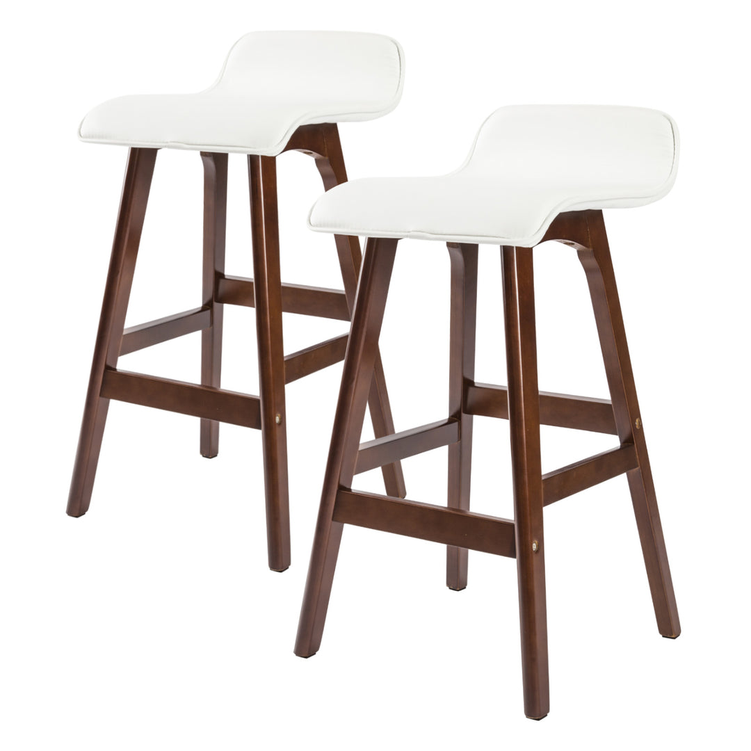 Set of 2 Wooden Bar Stools 65cm Leather Dining Chairs Kitchen - White Homecoze