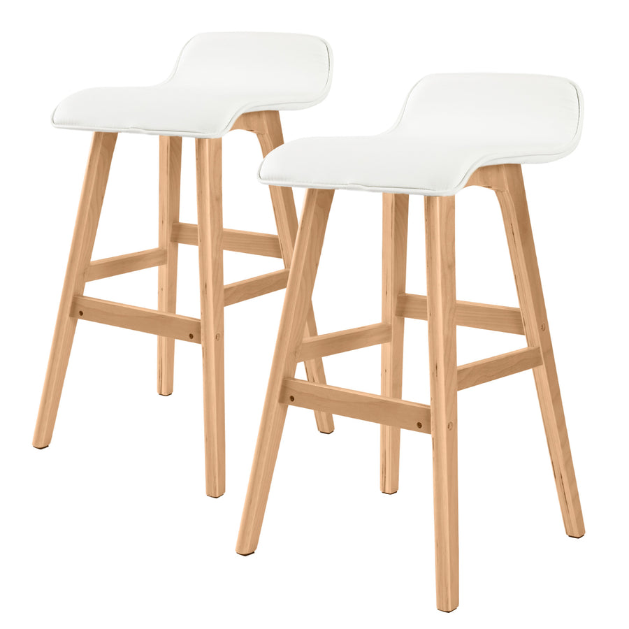 Set of 2 Wooden Bar Stools 65cm PU Leather Dining Chairs Kitchen - White Homecoze