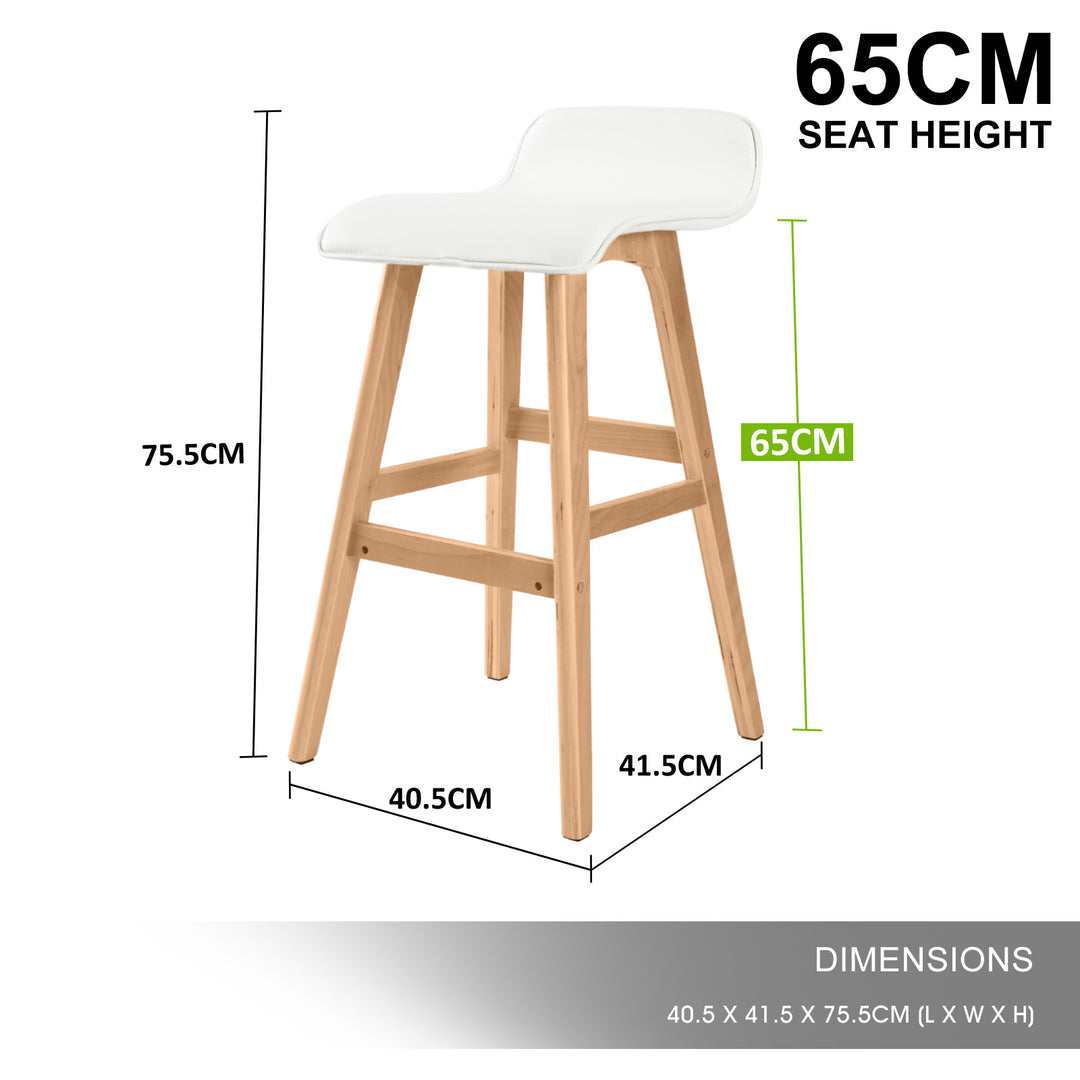 Set of 2 Wooden Bar Stools 65cm PU Leather Dining Chairs Kitchen - White Homecoze