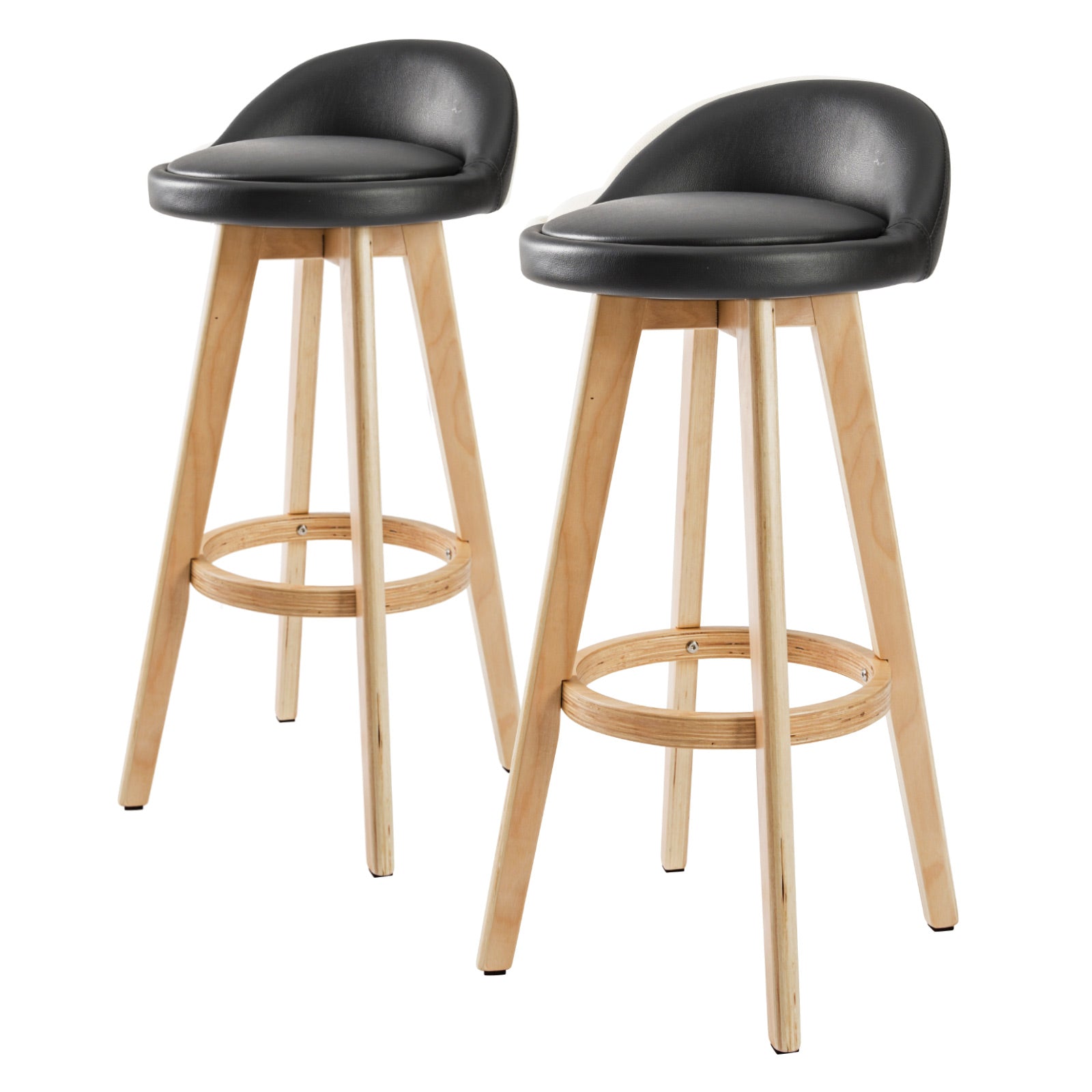 Set of 2 Wooden Bar Stools 72cm Leather Dining Chairs Kitchen - Black Homecoze