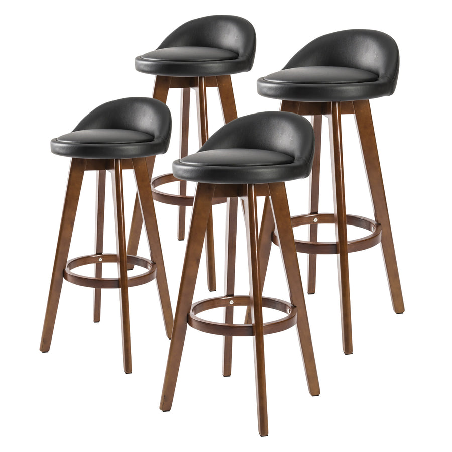 Set of 4 Wooden Bar Stools 72cm Leather Dining Chairs Kitchen - Black Homecoze