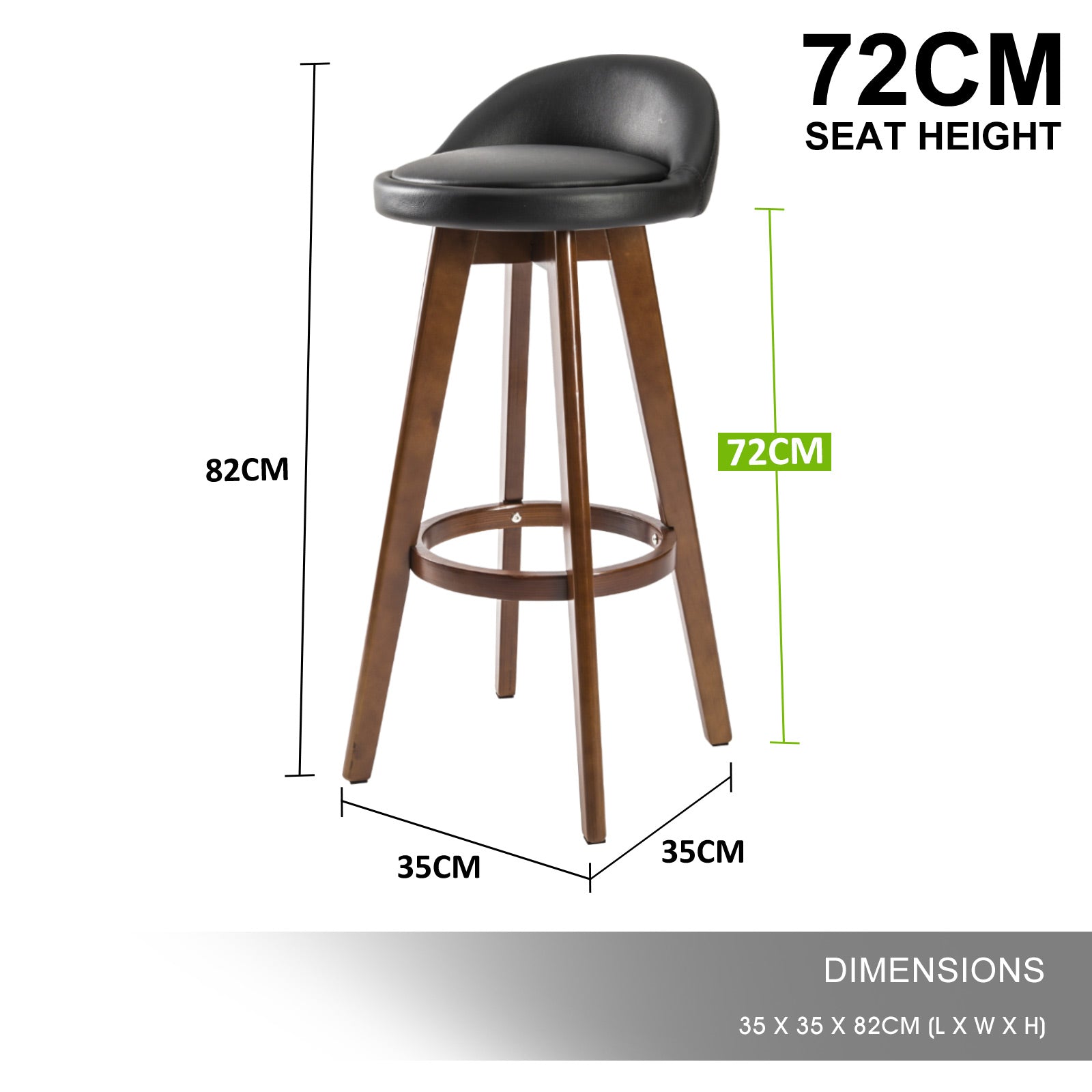 Set of 4 Wooden Bar Stools 72cm Leather Dining Chairs Kitchen - Black Homecoze