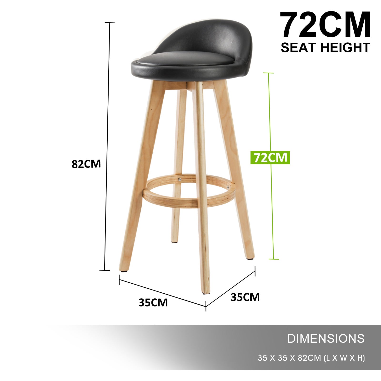 Set of 4 Wooden Bar Stool Leila Swivel PU Leather 72cm - Black Homecoze