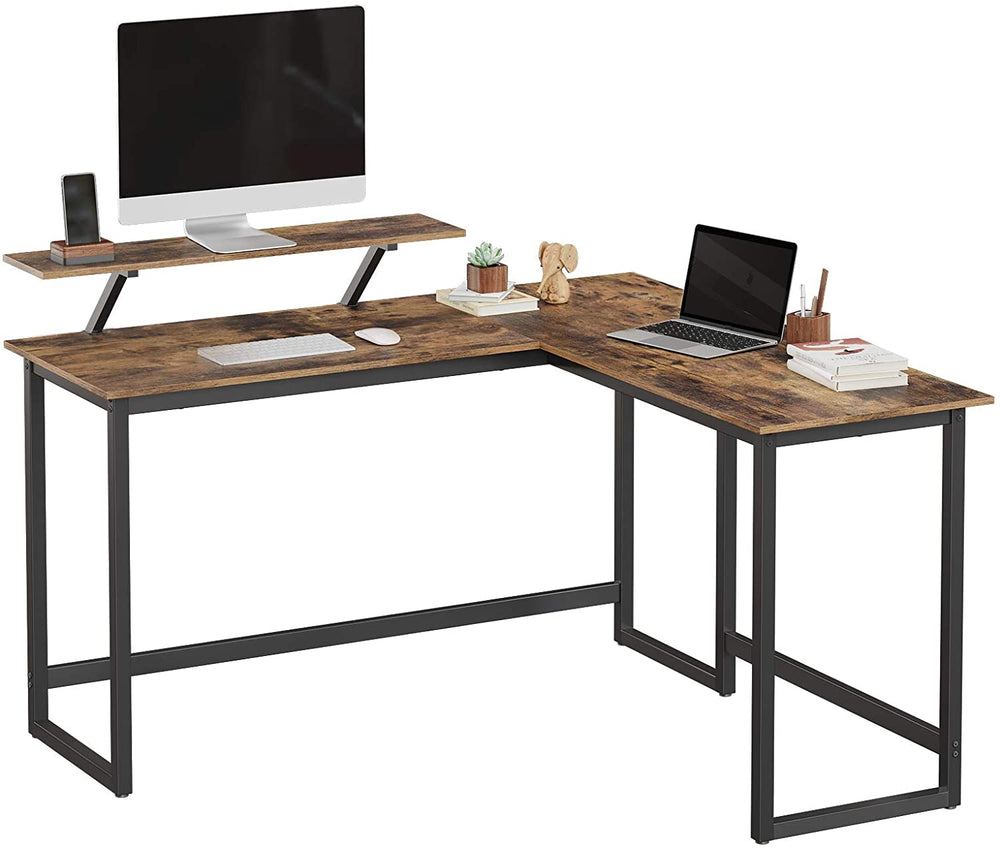 Modern Rustic Series L-Shaped Computer Study Desk with Screen Stand Homecoze