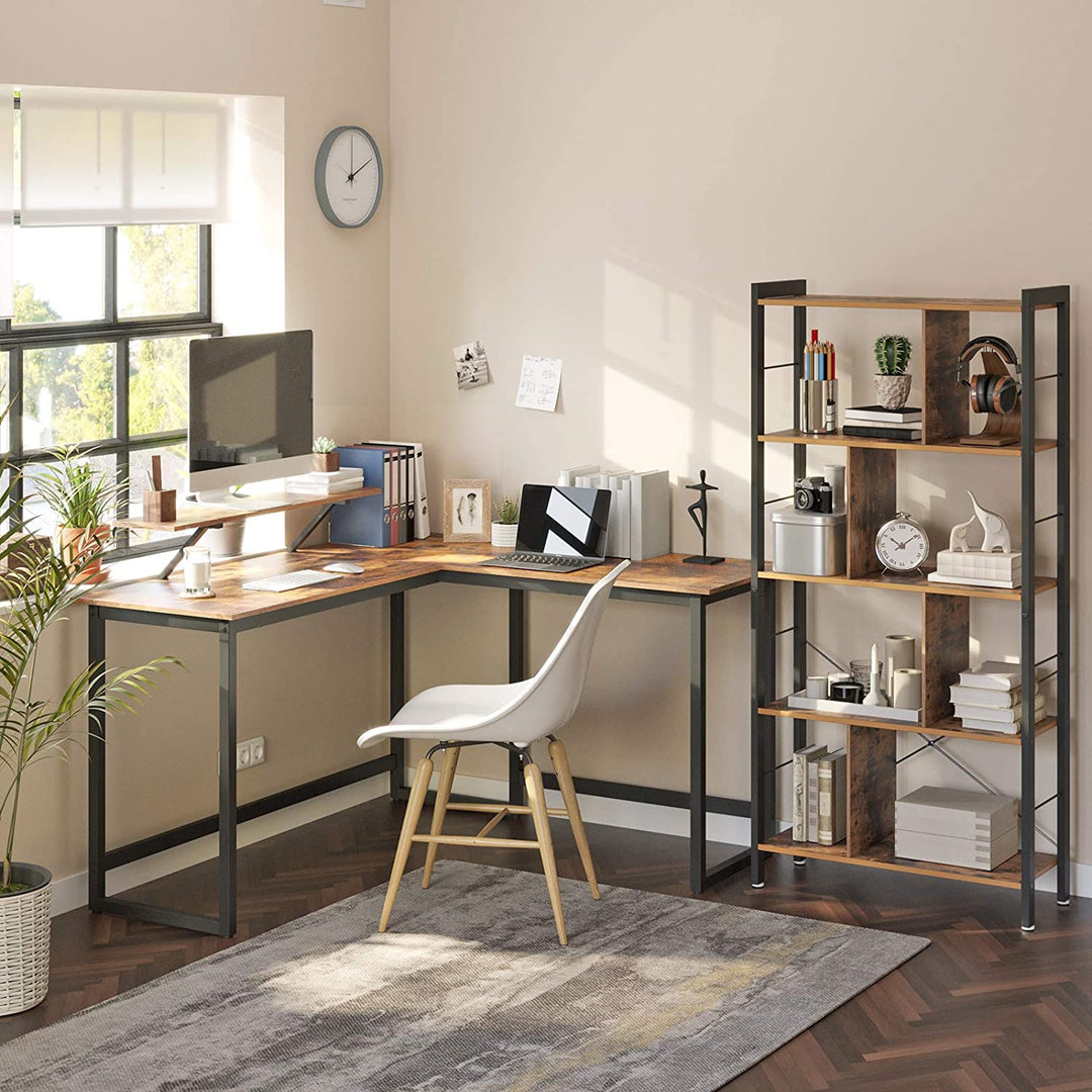 Modern Rustic Series L-Shaped Computer Study Desk with Screen Stand Homecoze