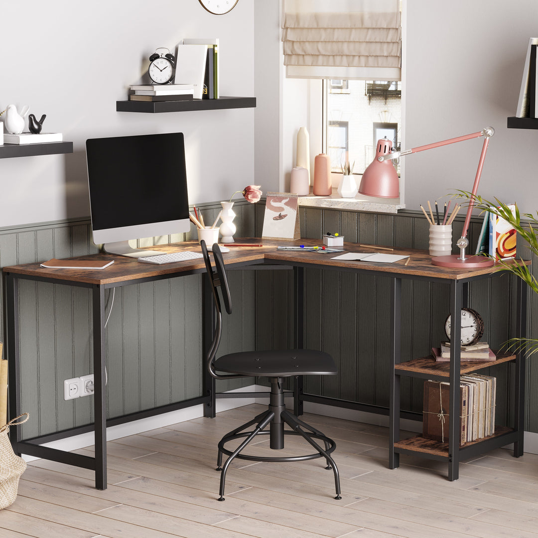 Modern Rustic Series L-Shaped Computer Study Home Office Desk with Shelves Homecoze