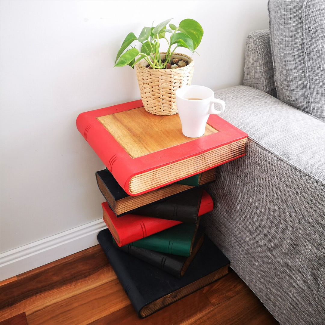 Book Stack Bed Side Table Solid Handcrafted Raintree Wood Multicoloured Finish