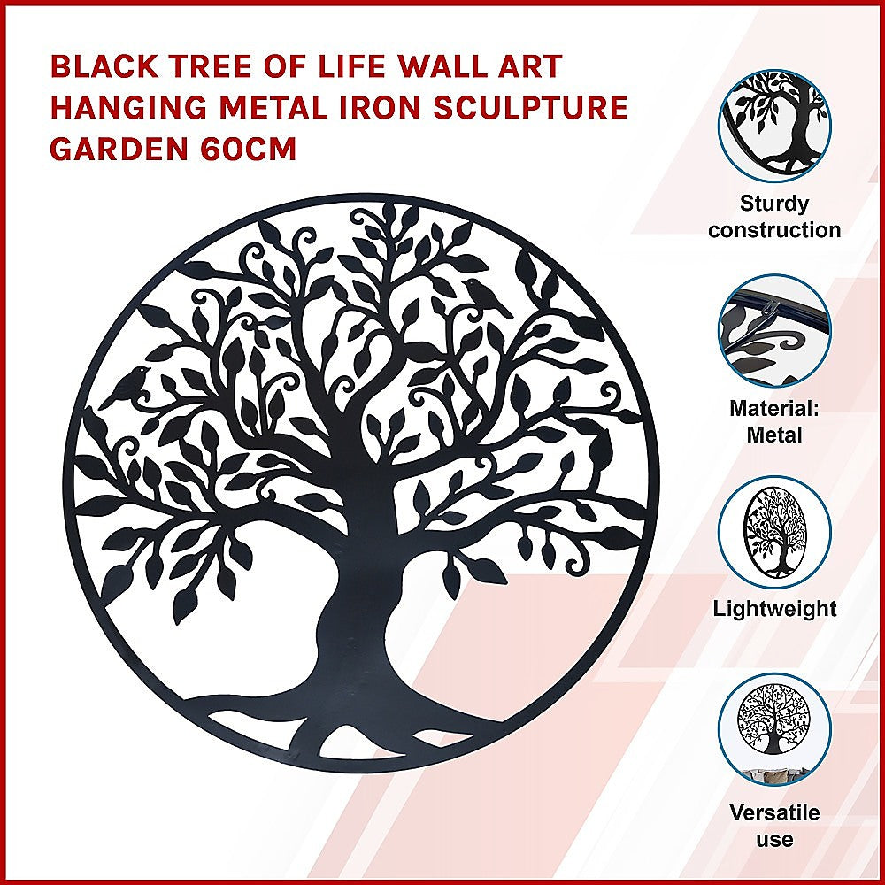 Black Tree of Life Wall Art Hanging Metal Iron Sculpture Garden 60cm Homecoze